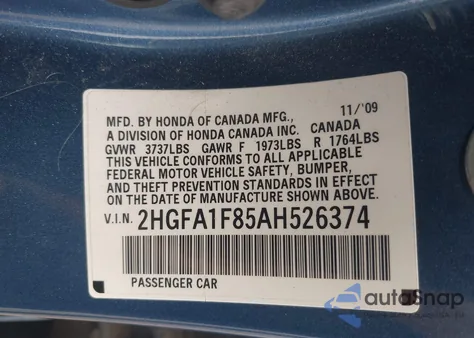 2010 Honda Civic Ex from USA, damaged, VIN 2HGFA1F85AH526374